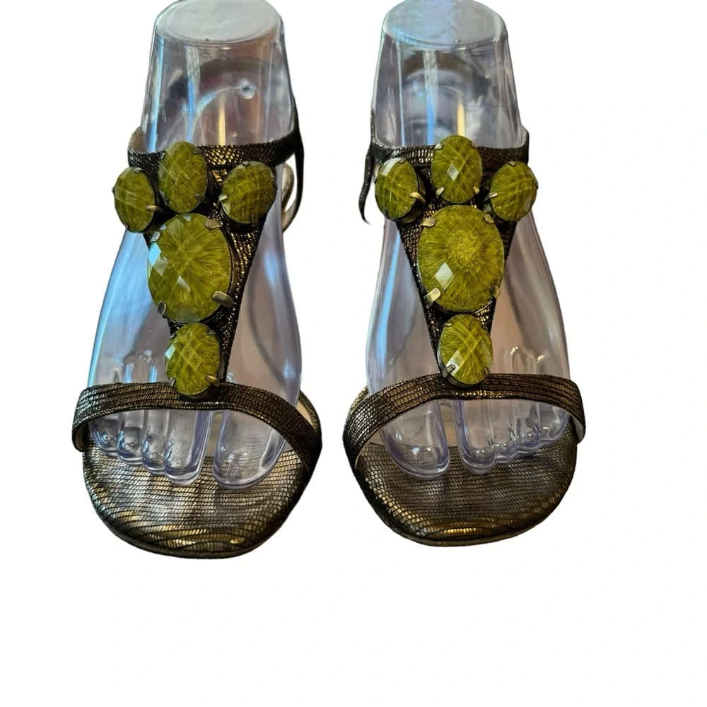 *Women’s Kate Spade Size 8 Lydia Bronze Metal Mini Lizard w Green Stones Sandals - Picture 8 of 14